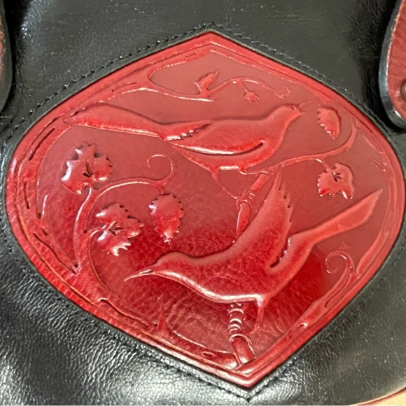 Handmade Turtle Ridge Black/Red Leather Shoulder Bag/Purse w Tooled Birds (Rare) - Picture 6 of 14